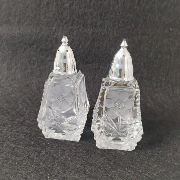 Vintage Etched Cut Crystal Salt & Pepper Shakers, Floral Etching - Picture 1 of 8